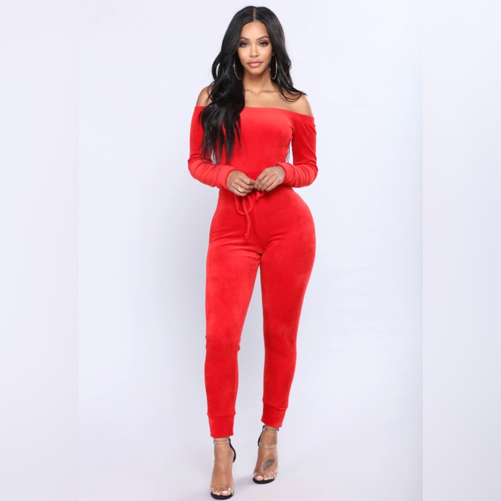 Fashion Nova Red Velour Jumpsuit